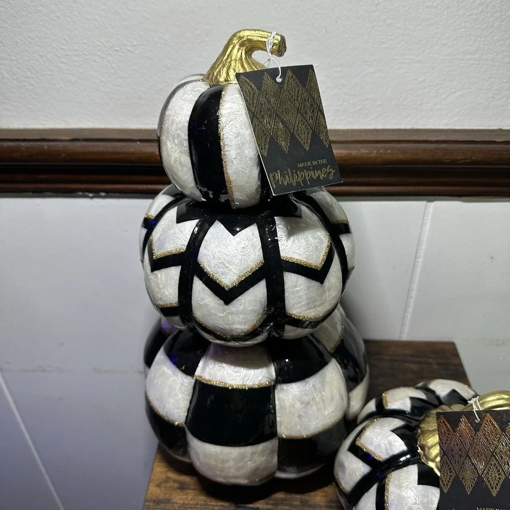 2 Black White Checkered Stacked Pumpkins Gold Stems Halloween Fall Topiary New